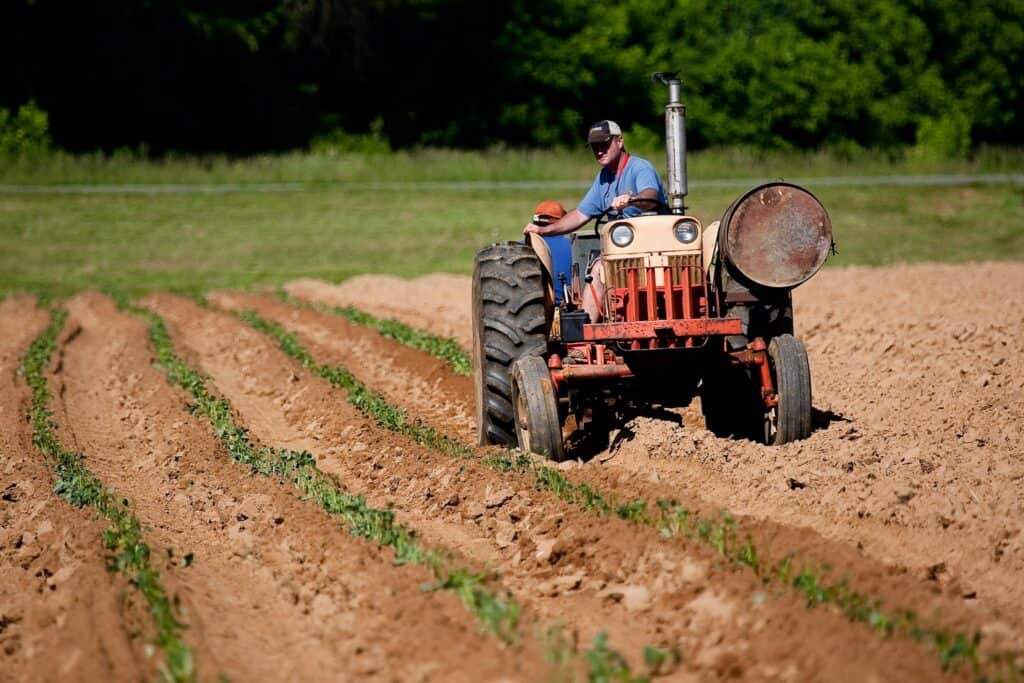 Man Riding Red Tractor On Field