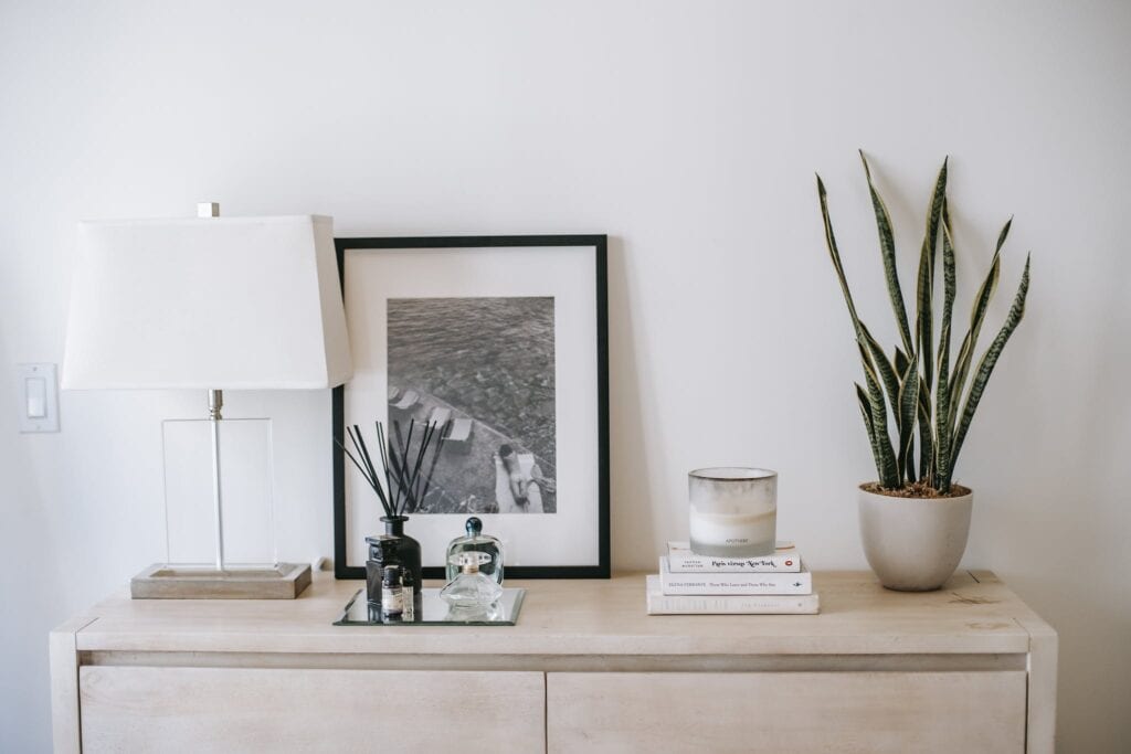 Recycled potted plant on chest of drawers in room