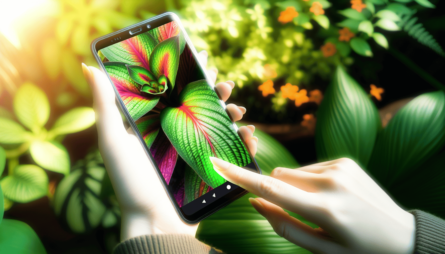A smartphone capturing an image of a plant for identification