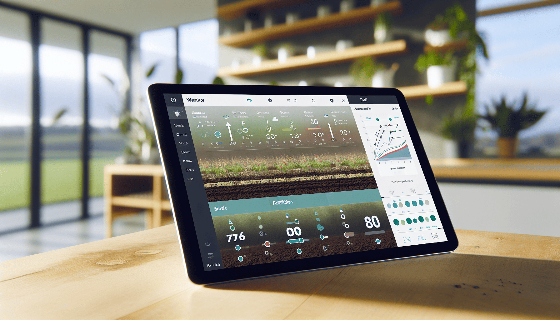 A tablet displaying weather and soil analysis information for gardening