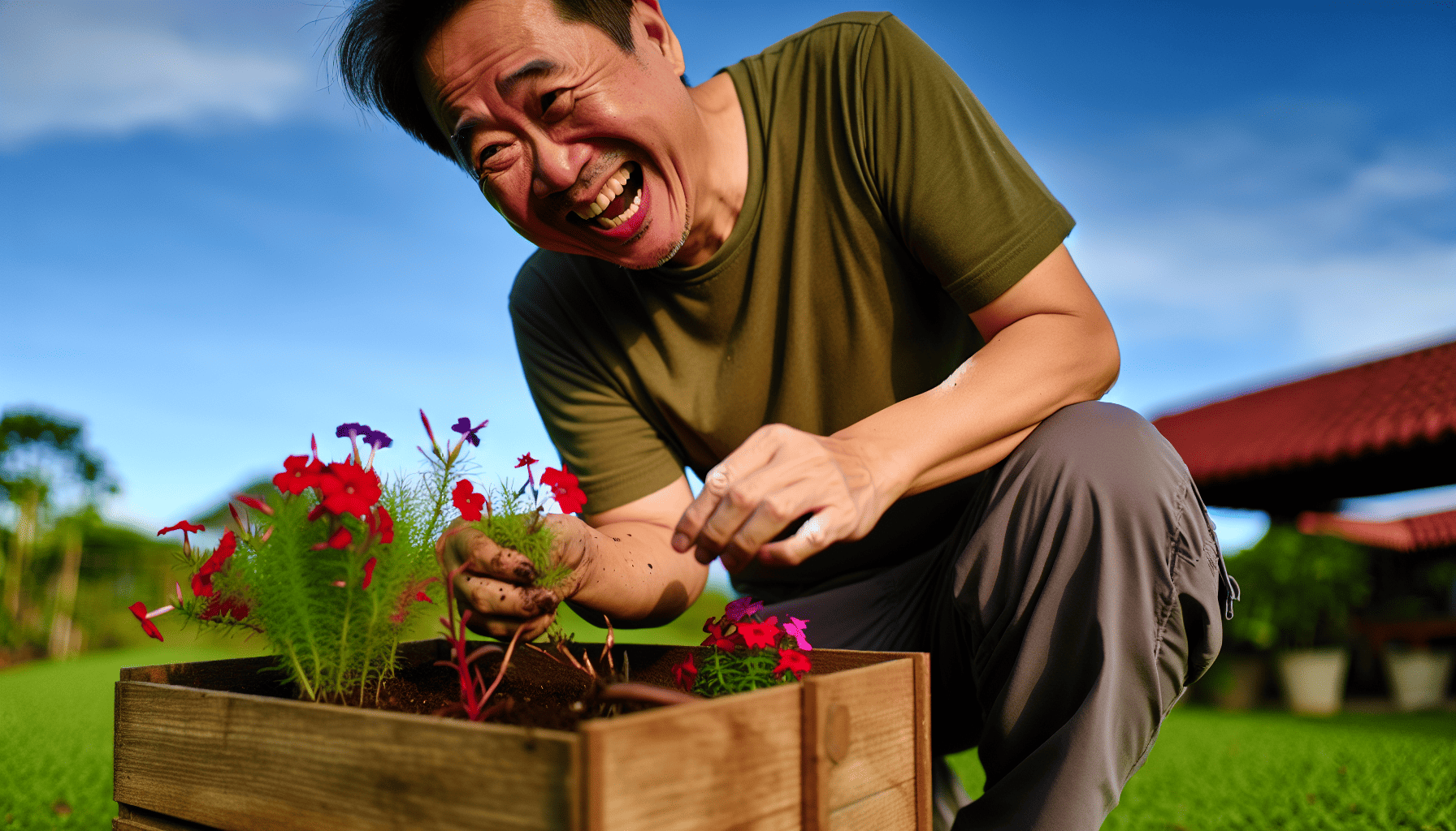 Container gardening for beginners: A person planting flowers in a wooden container.