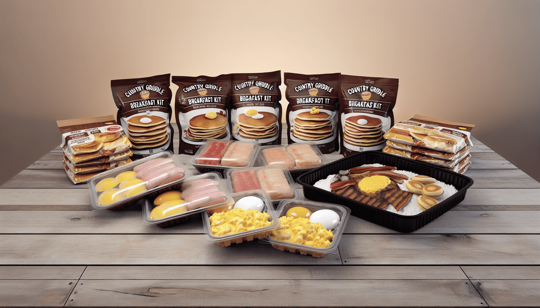 A variety of breakfast food items in long-term storage packaging