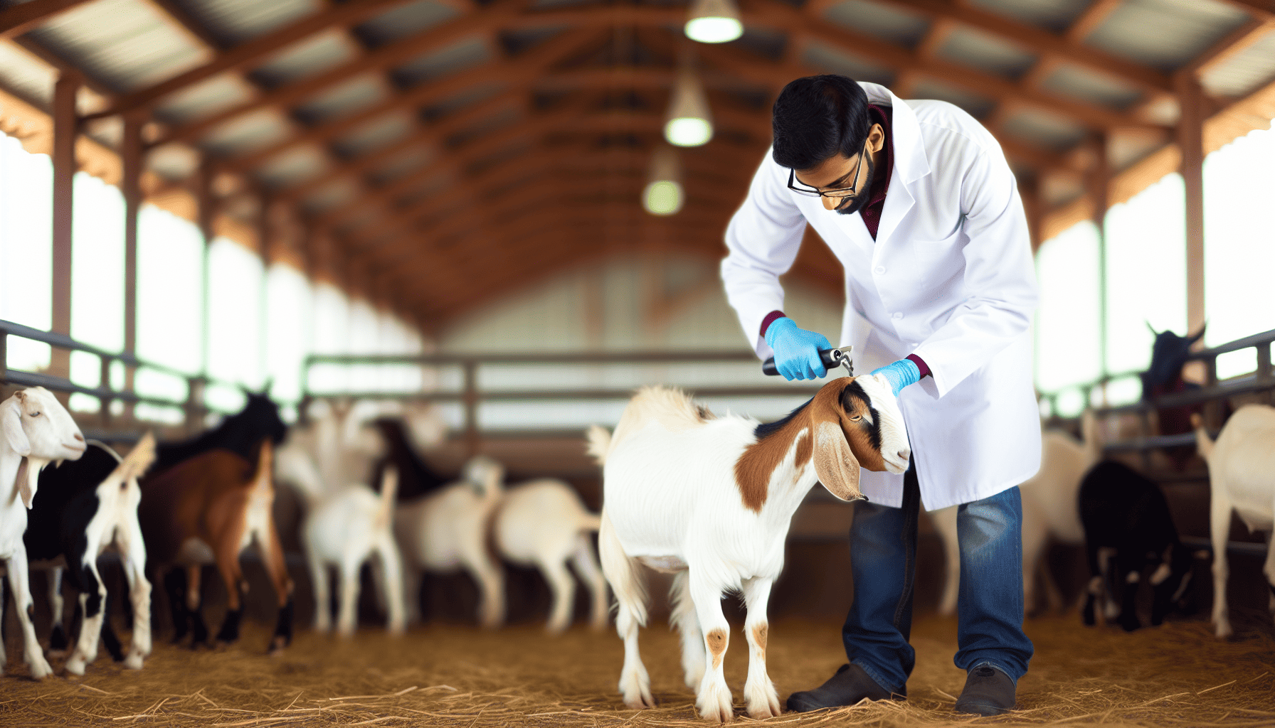 Goat receiving hoof trimming from a veterinarian