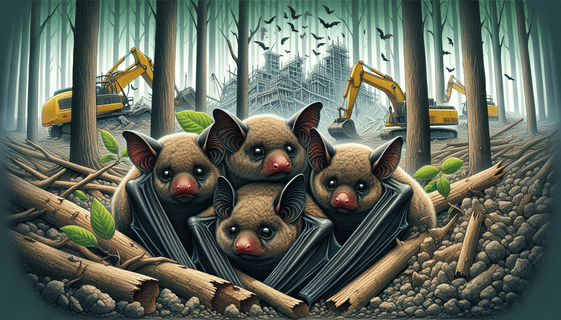 Illustration of bats facing threats from habitat loss and human activity