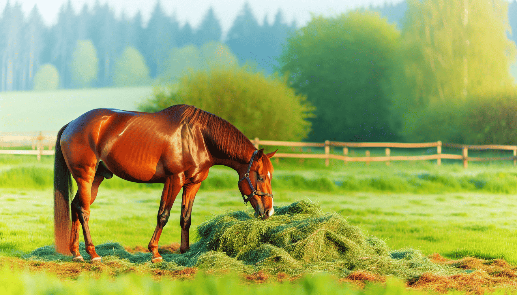 Healthy horse eating hay in a pasture