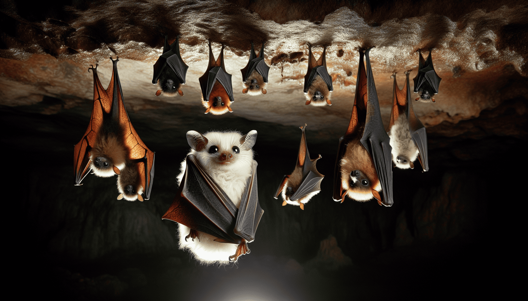 Various adorable bat species hanging upside down in a cave