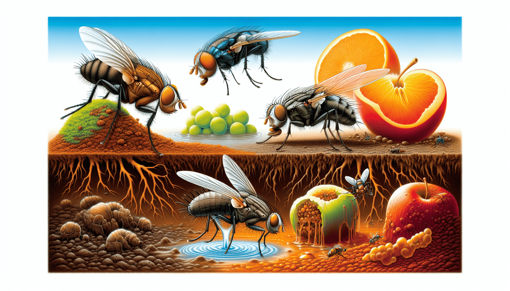 Illustration of various types of gnats and their habitats