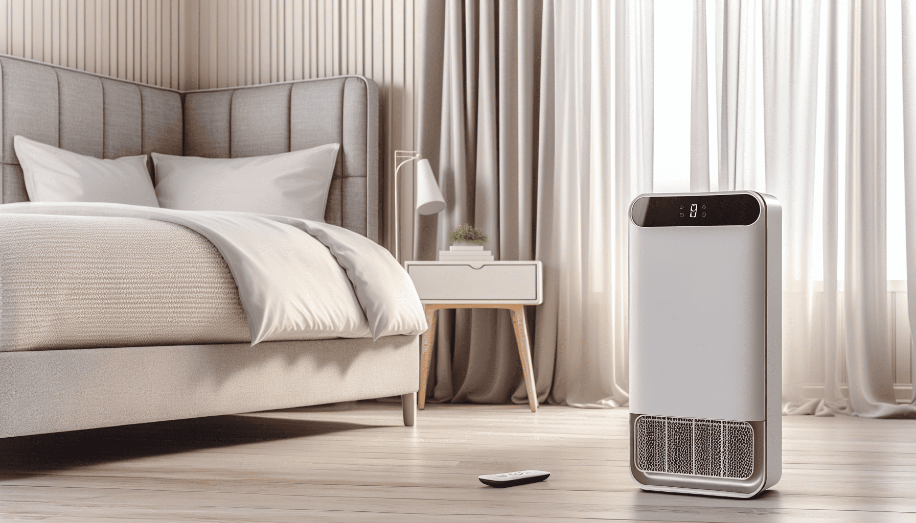 Winix Air Purifier with remote control in a bedroom