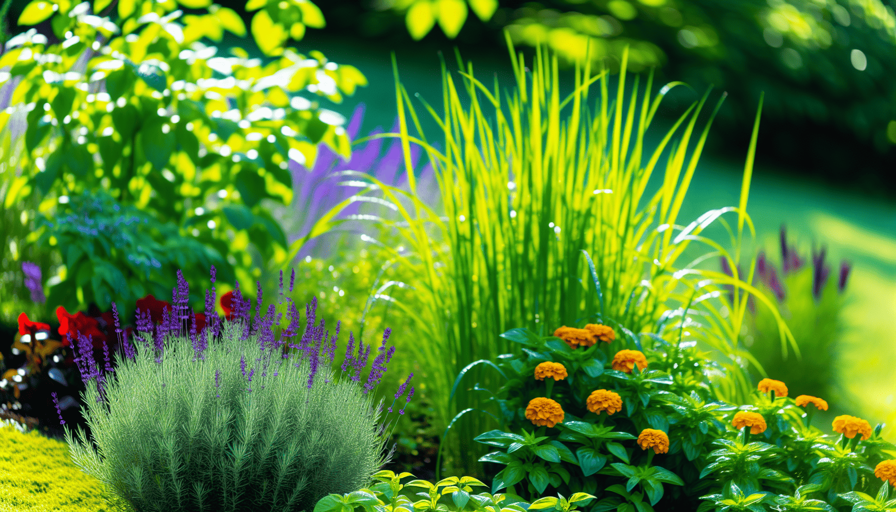 Various bug-repelling plants in a garden