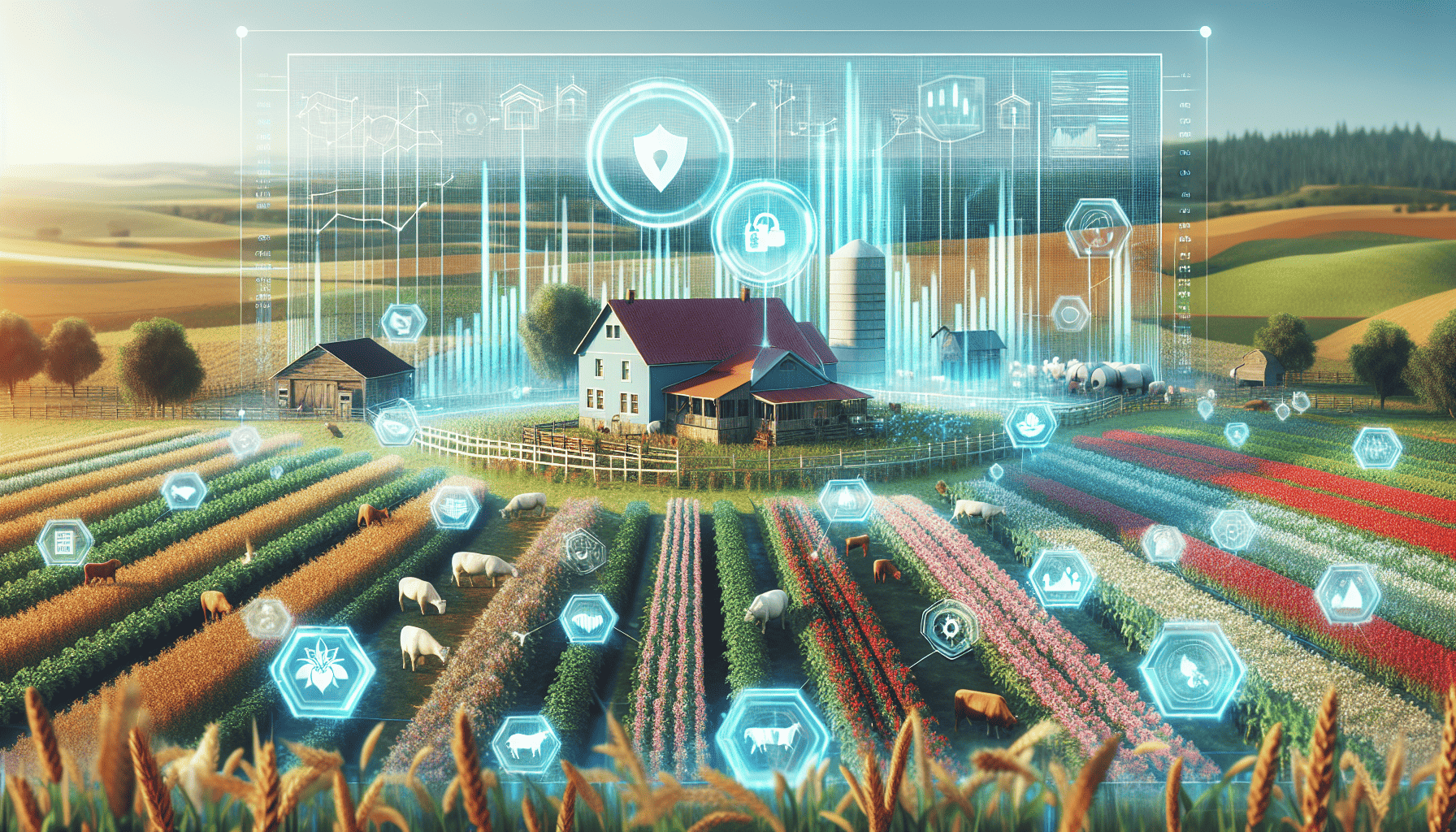 A digital illustration of a farm with various homesteading and farming apps integrated