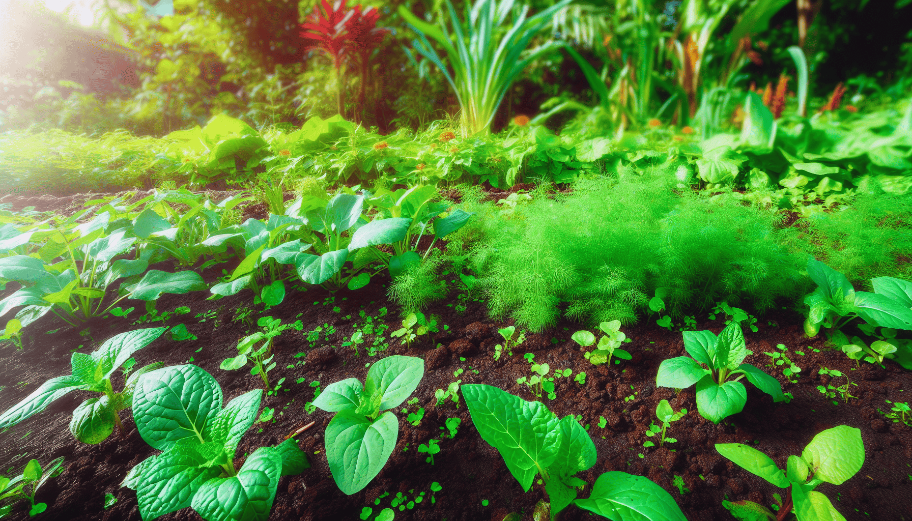 Organic garden with various plants and soil