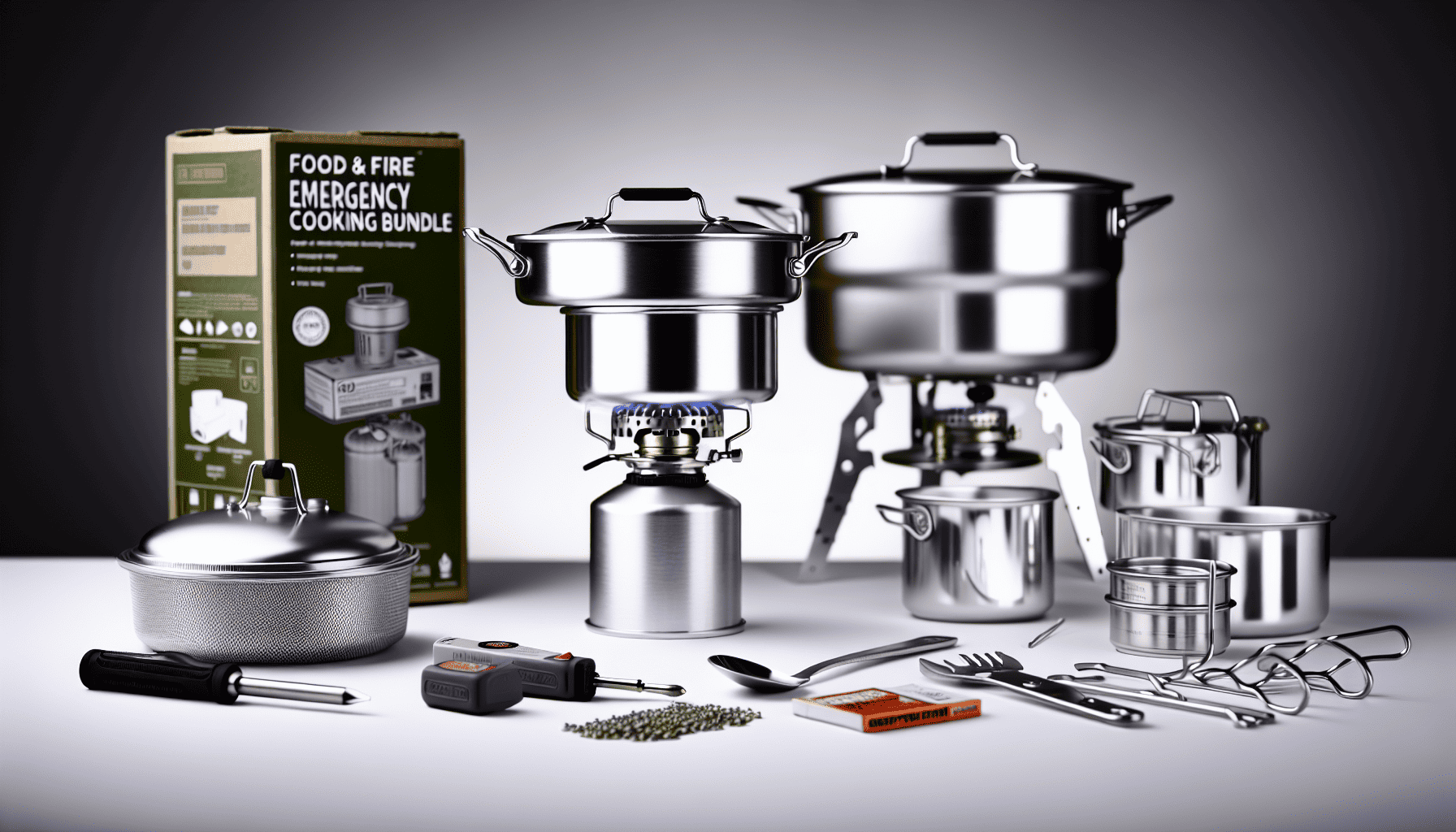 Survival food cooking bundle with portable camp stove and cookware
