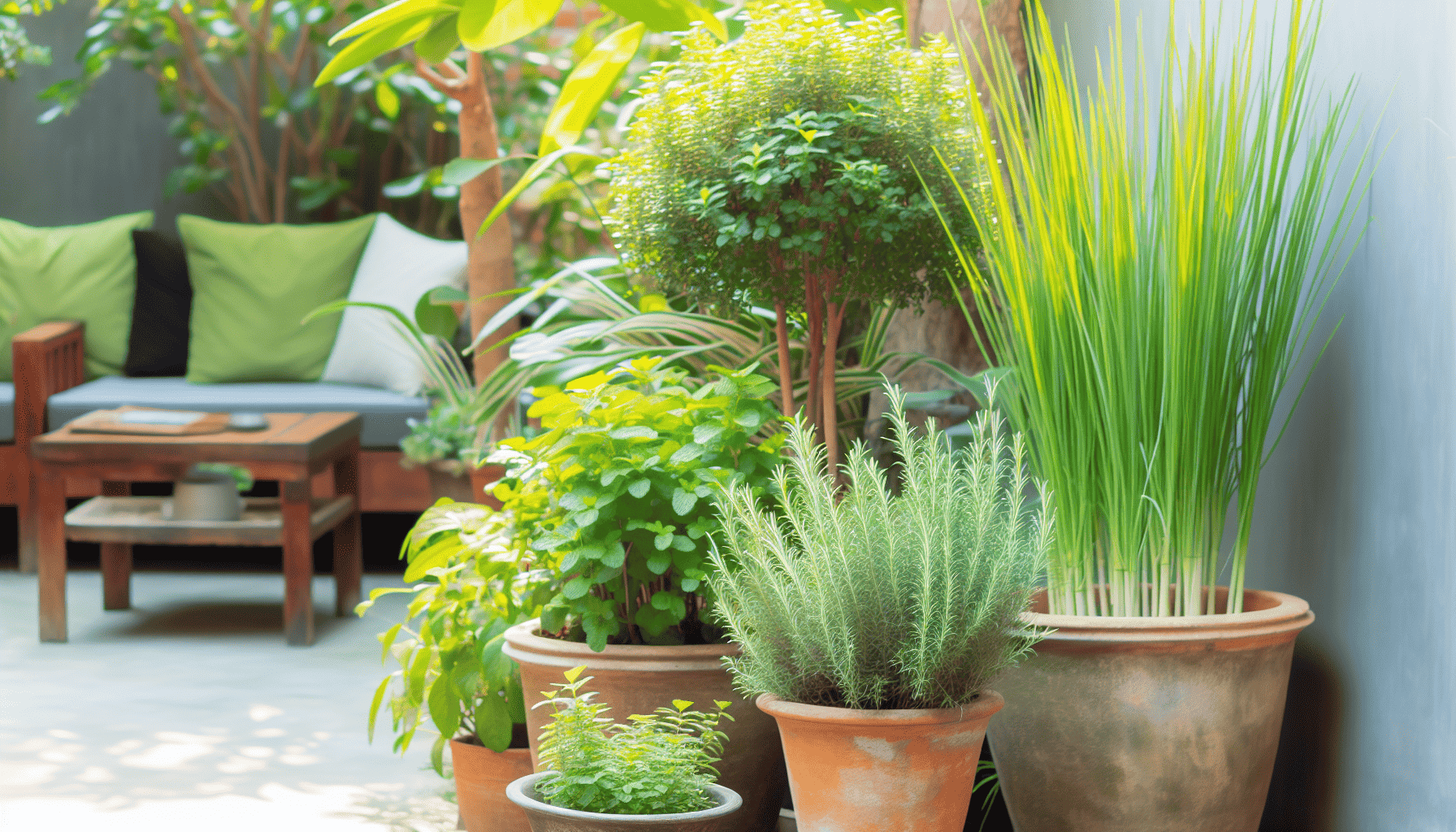 Container garden with mint, lemongrass, and rosemary