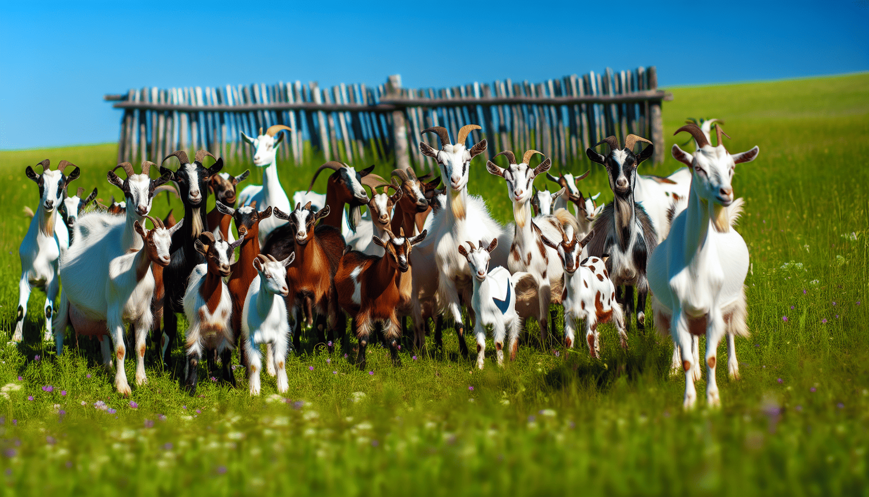 Various goat breeds standing in a pasture