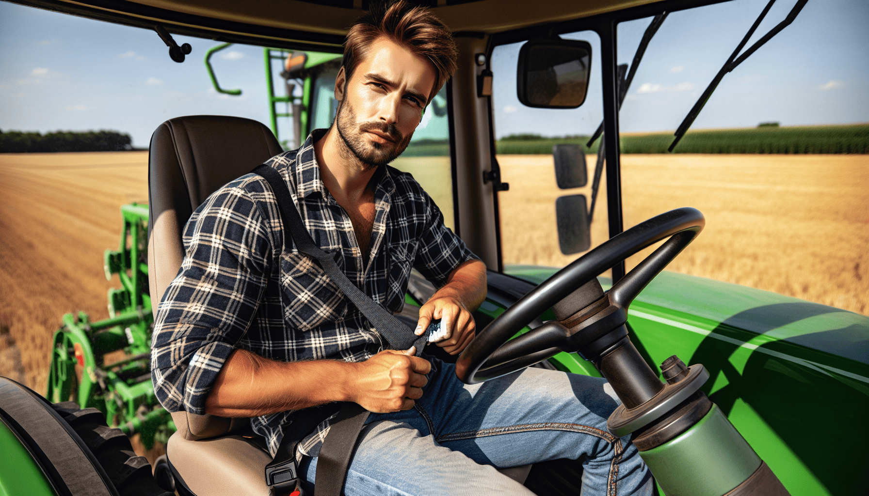 A tractor operator fastening the seat belt for safety