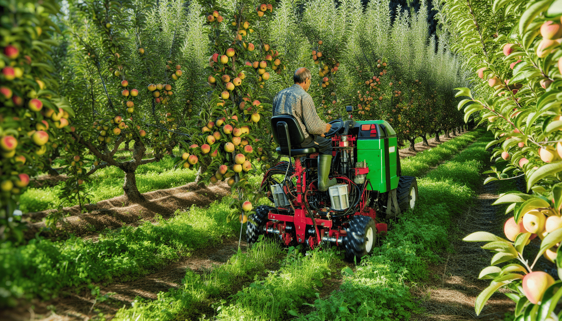 An orchard tractor navigating through trees