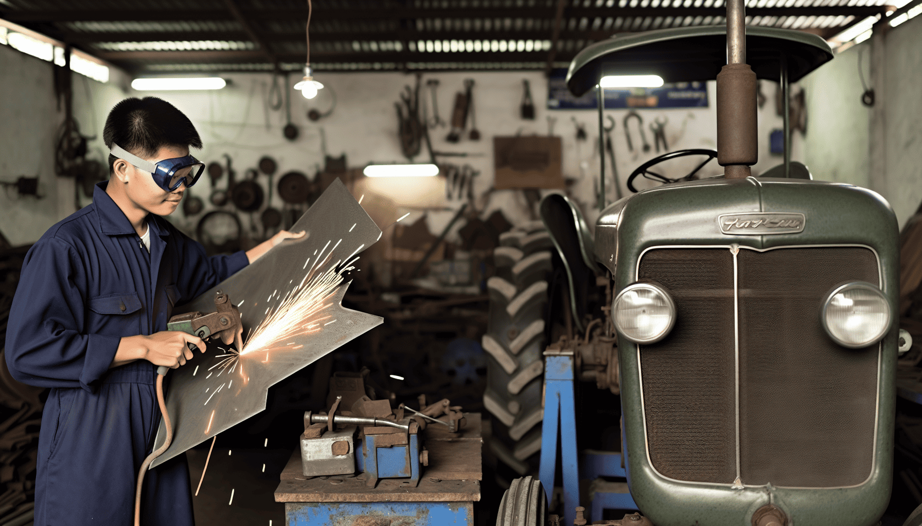 A skilled craftsman performing sheet metal work on a classic tractor