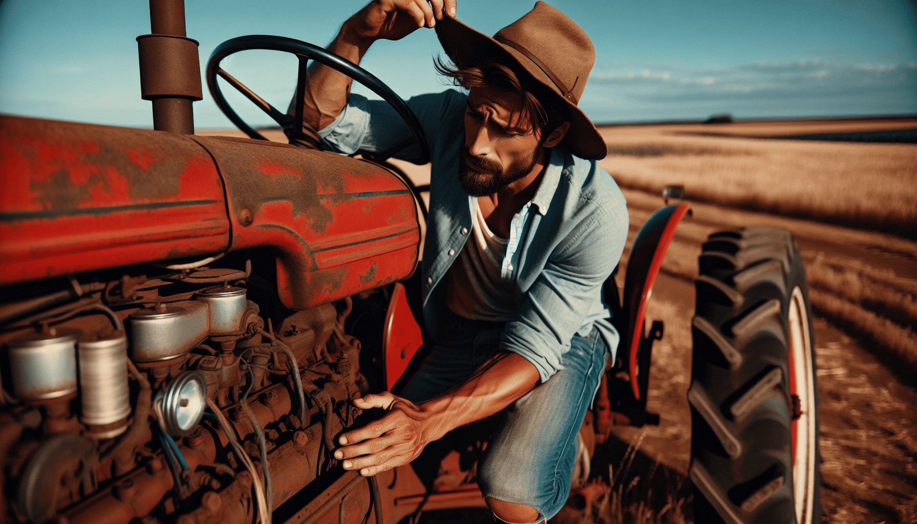 A farmer performing pre-start checks on a tractor