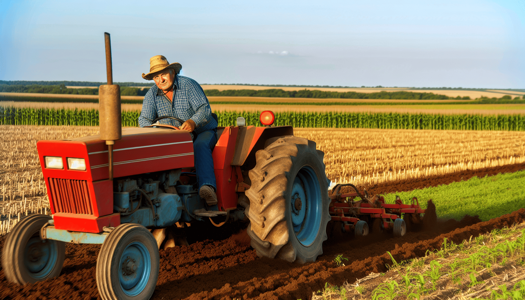 A utility tractor in a farm field