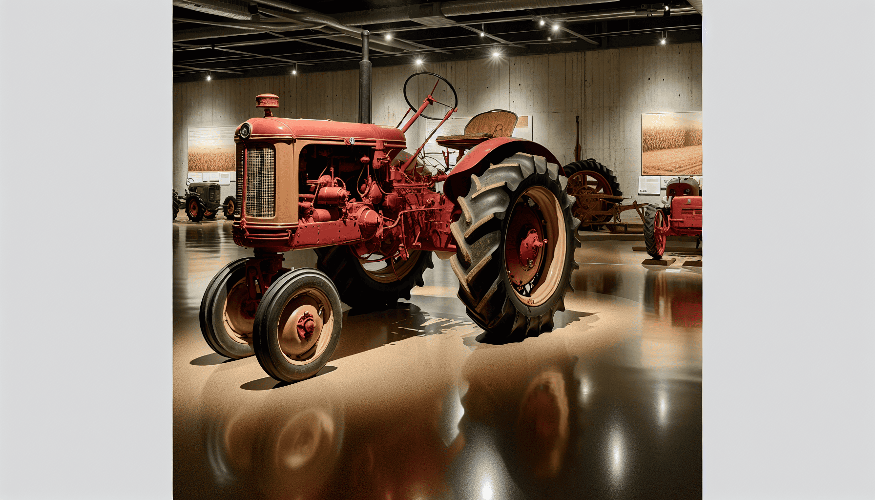A vintage tractor displayed in a museum