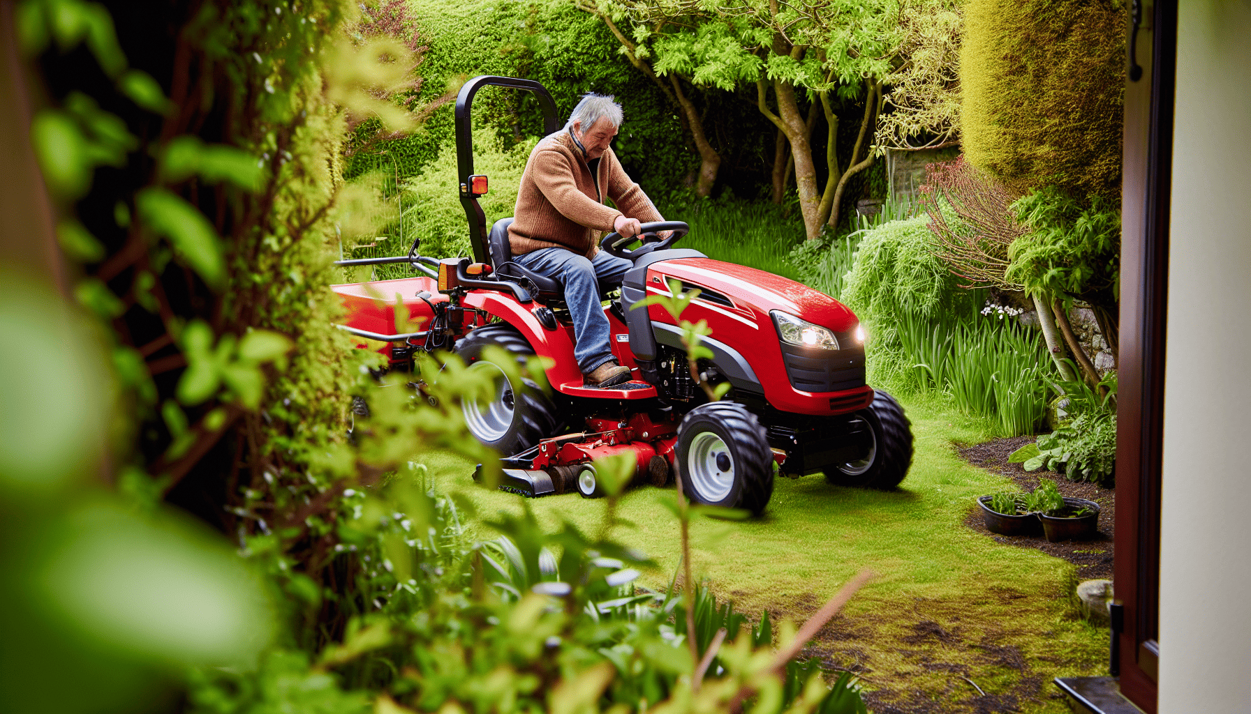 A compact tractor working in a garden