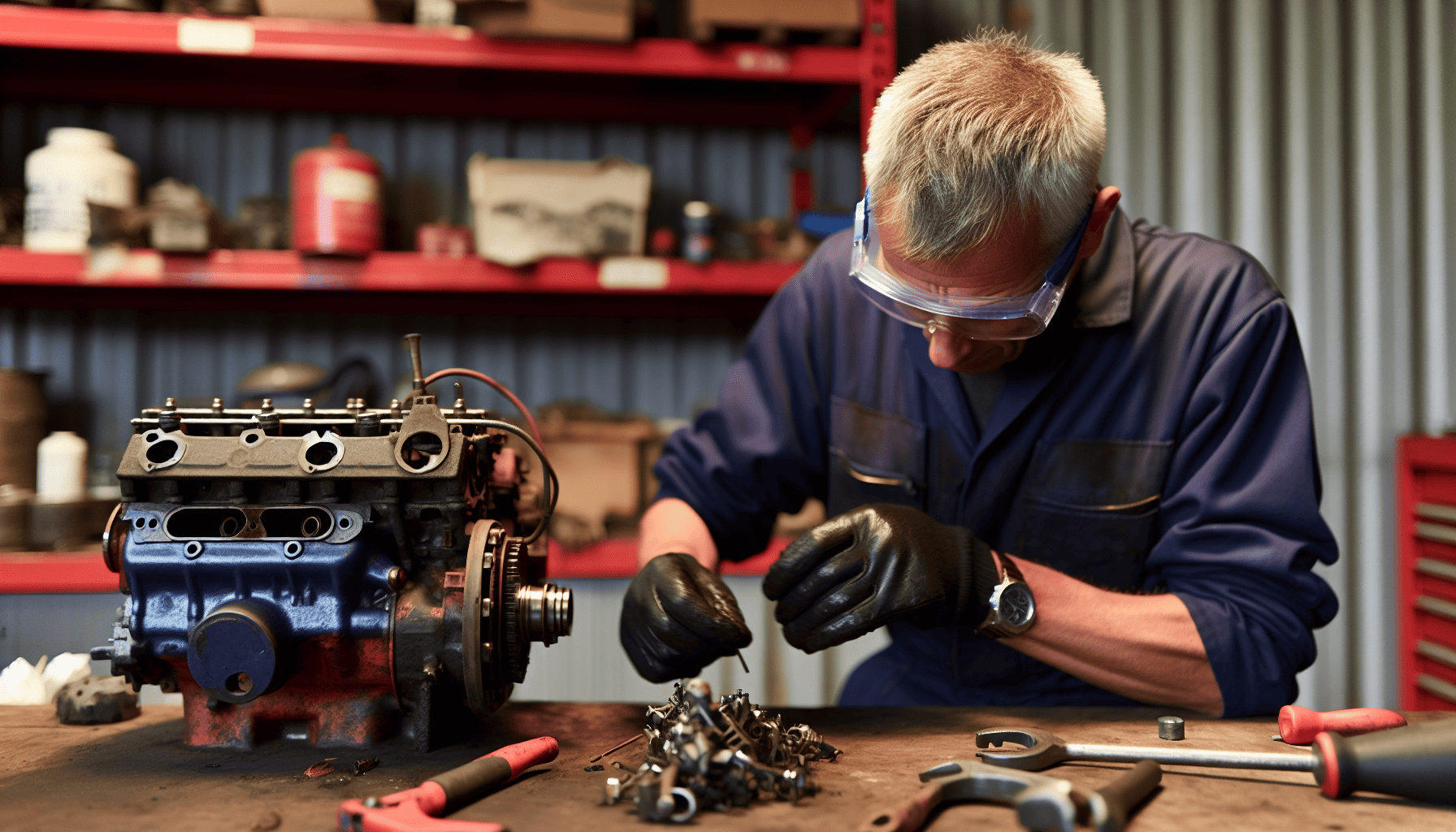 An engine of a classic tractor being rebuilt