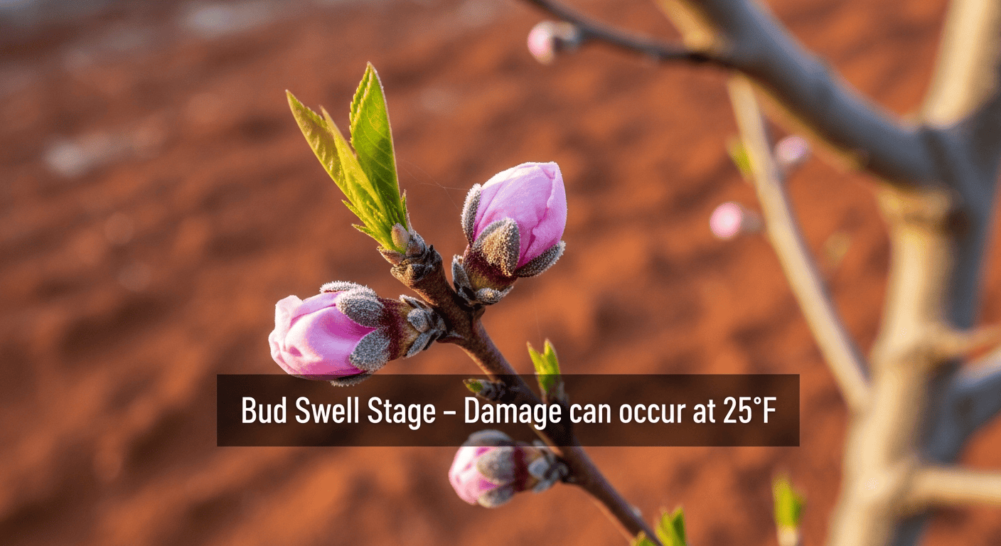 A macro shot of a peach blossom bud just starting to show pink color, with a light frost on the branch. A text overlay reads: "Bud Swell Stage - Damage can occur at 25°F"