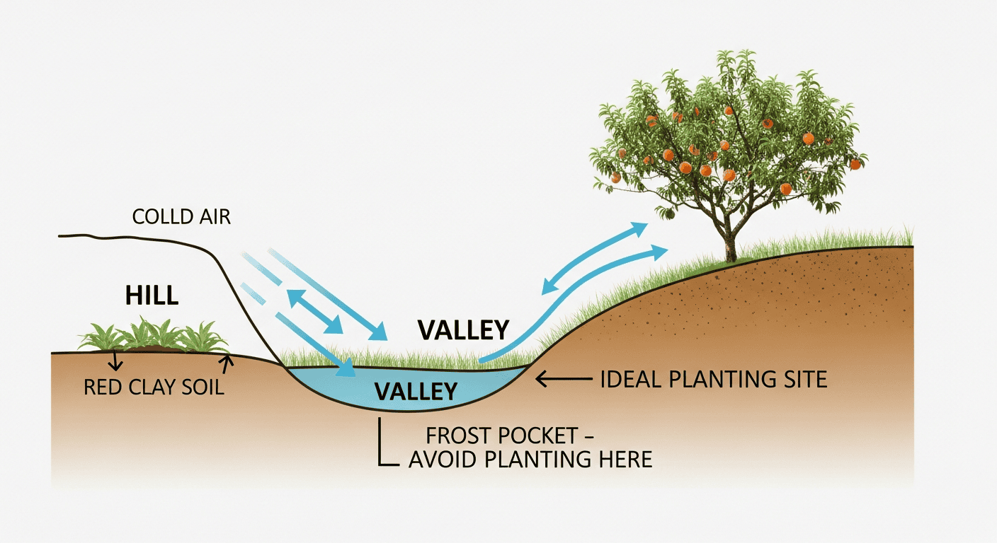 A simple diagram showing a cross-section of a Georgia landscape with a hill and a valley. Arrows indicate cold air flowing down the hill and pooling in the valley, which is labeled "Frost Pocket - Avoid Planting Here". A healthy peach tree is shown on the slope, labeled "Ideal Planting Site".