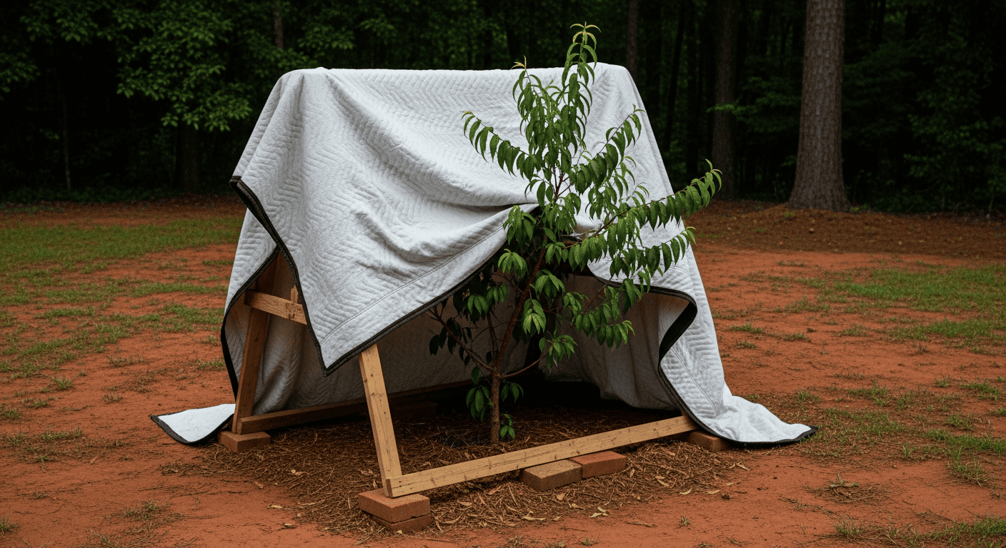 A small, 6-foot-tall peach tree in a Georgia backyard at dusk. It is covered with a thick moving blanket draped over a simple A-frame made of 2x4s. The blanket reaches all the way to the ground and is secured with bricks.