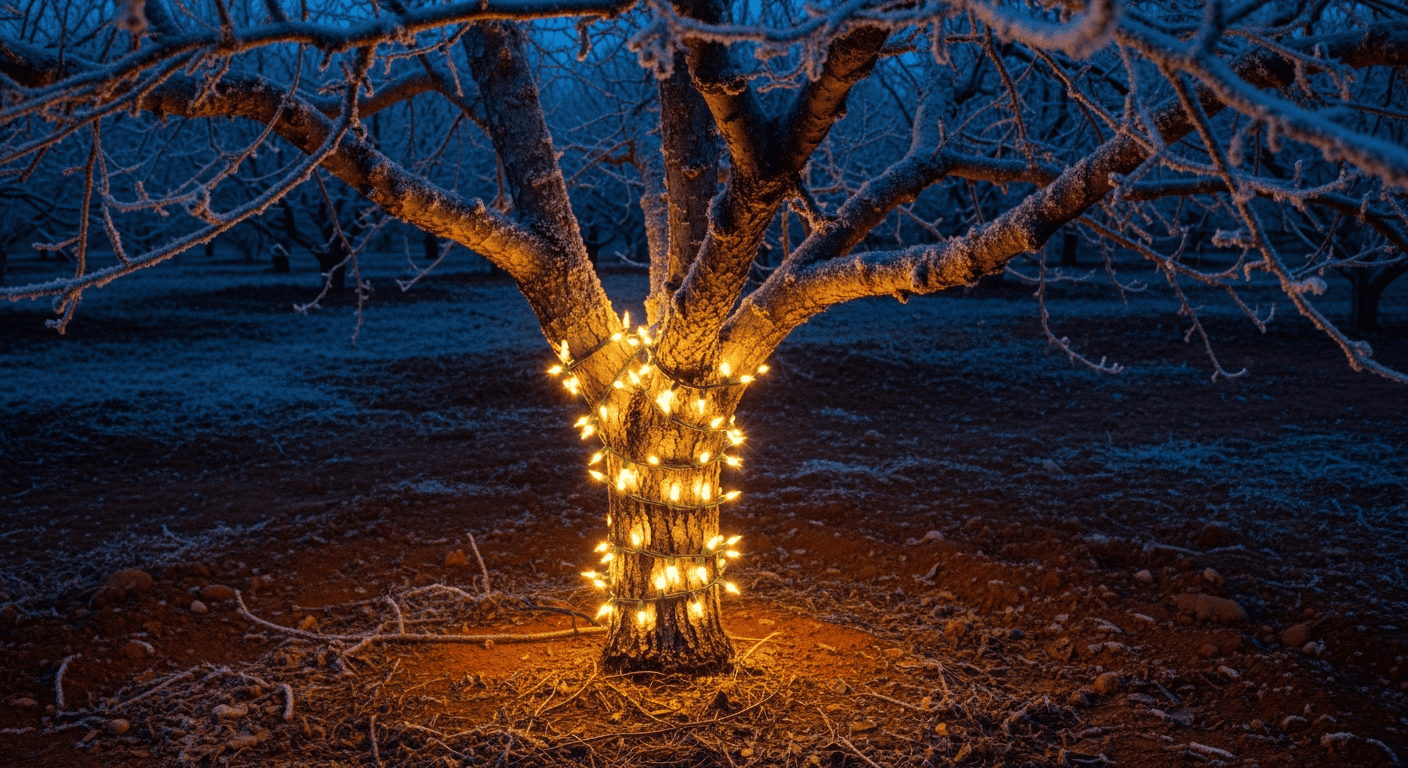 A view from under a frost blanket covering a fruit tree at night. The scene is illuminated by the warm glow of a string of C9 Christmas lights wrapped carefully around the lower trunk and main scaffold branches, not touching any part of the tree directly.