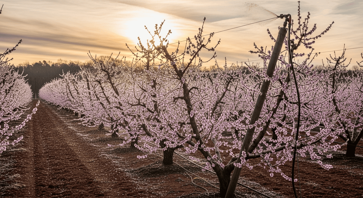 A commercial peach orchard in Georgia with overhead sprinklers running at dawn, coating the blooming trees in a thick, beautiful, but heavy layer of clear ice. The sun is just rising in the background.