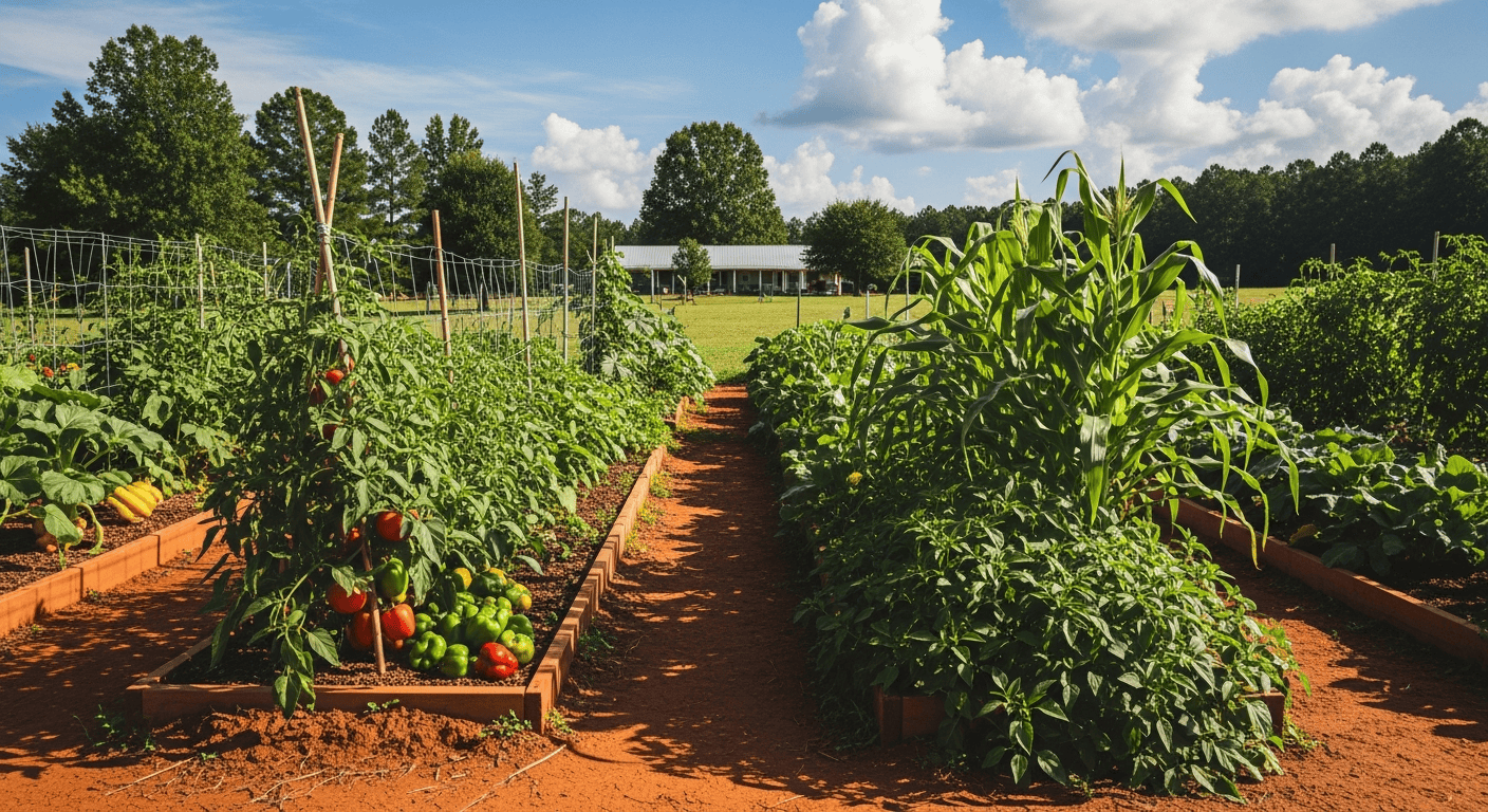 A wide shot of a thriving homestead garden in Georgia, with raised beds full of lush vegetables. The iconic red clay soil is visible on the paths between the beds, showing the transformation. A rustic farmhouse is in the background under a blue sky with fluffy clouds.