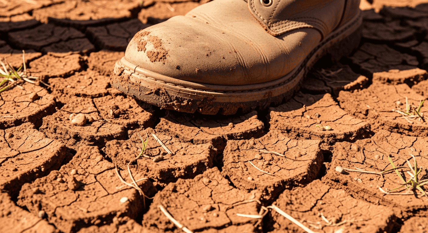 A farmer's boot pressing into hard, cracked red clay soil during a sunny, dry day in Georgia. The ground looks almost like pavement.