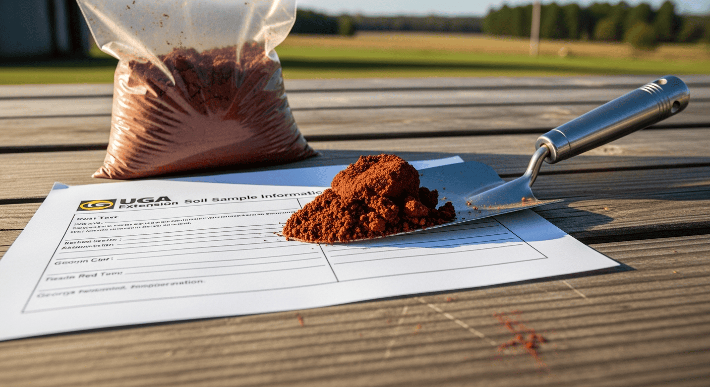 A close-up shot of a UGA Extension soil test kit, including the sample bag, a form, and a small trowel with a sample of Georgia red clay on it.