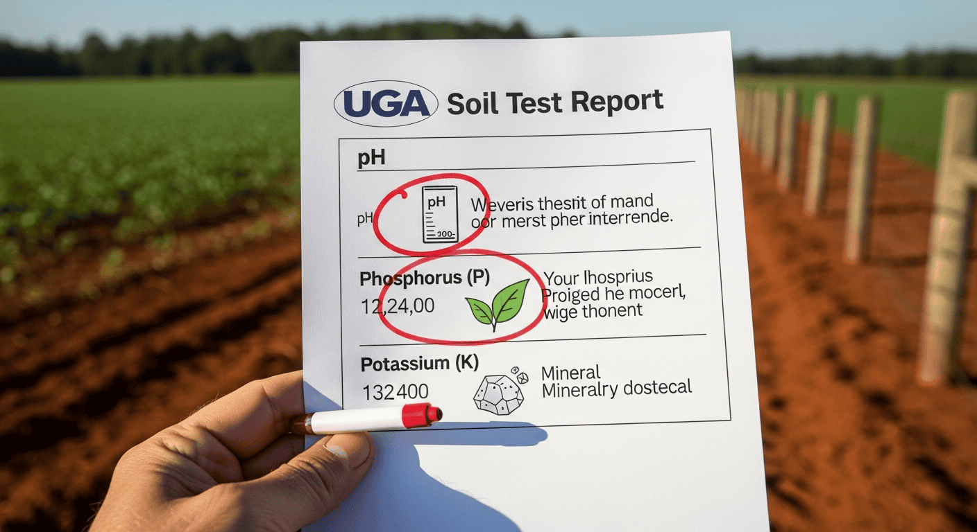 An infographic-style image showing a sample UGA soil test report with the pH, Phosphorus, and Potassium levels circled and explained with simple icons.