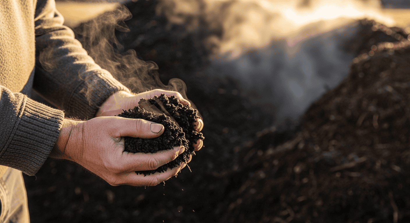 A farmer's hands holding a double handful of dark, rich, crumbly compost, with steam rising from a large compost pile in the background.