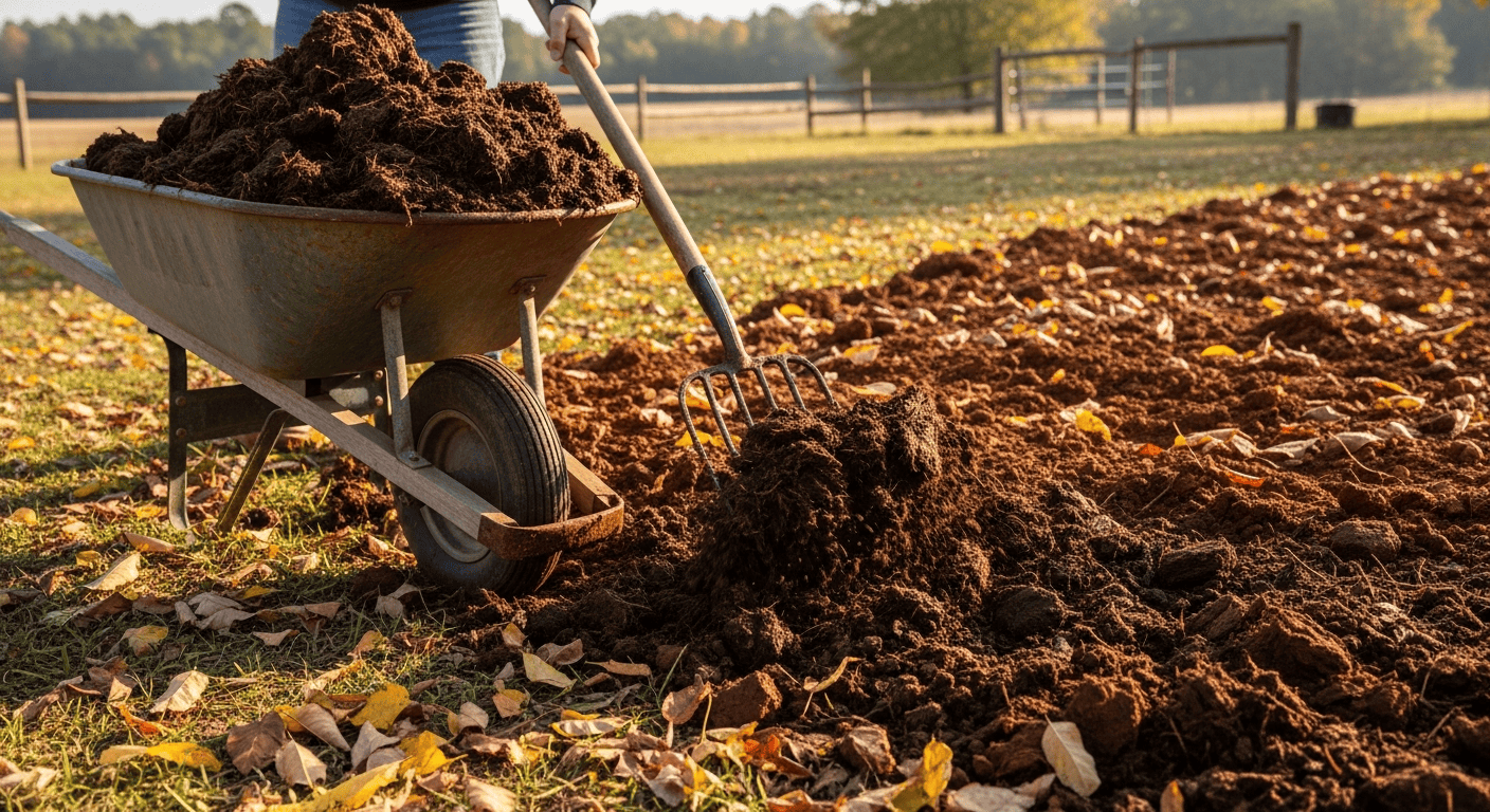 A wheelbarrow full of dark, aged chicken manure being spread over a garden bed in the fall.