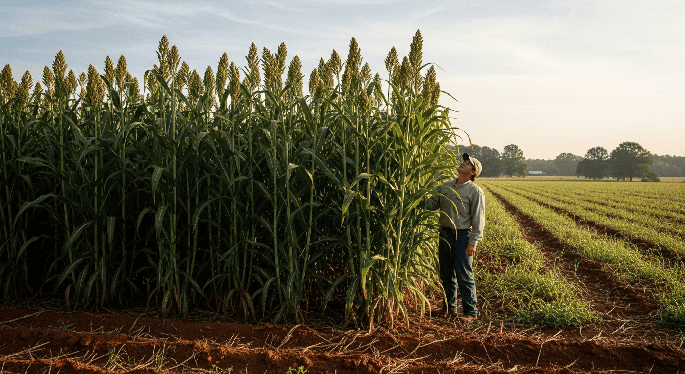 A tall, dense stand of sorghum-sudangrass in a Georgia field in the middle of summer, towering over a person standing next to it.