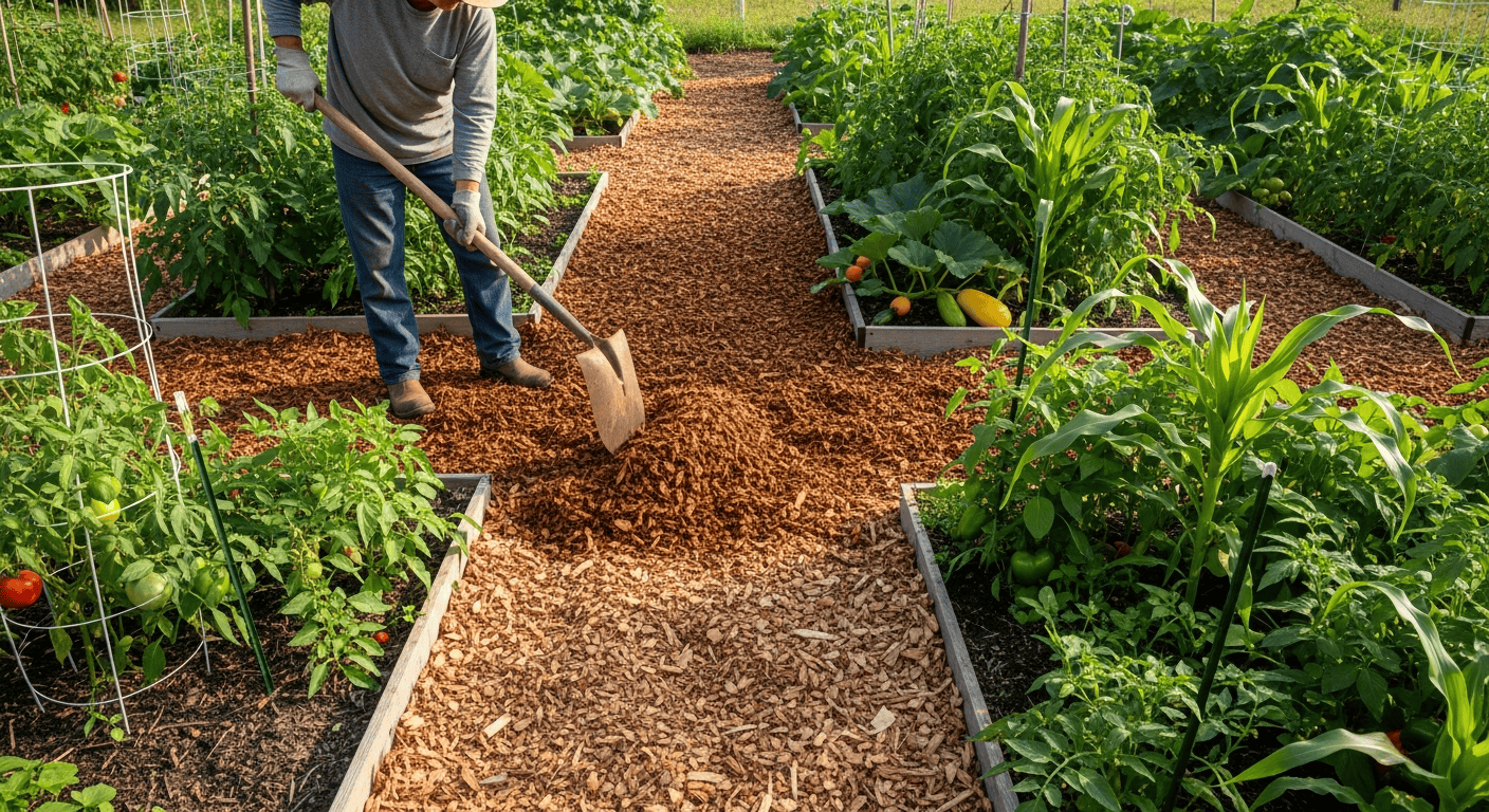 A Georgia homesteader spreading a thick layer of wood chips on a path between raised garden beds.
