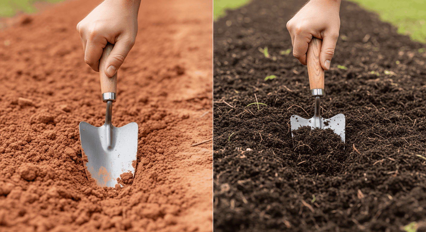 A split-screen image. On the left, a hand struggles to push a trowel into compacted, light-red Georgia clay. On the right, the same trowel sinks easily into dark, loamy, compost-rich soil in a garden bed.