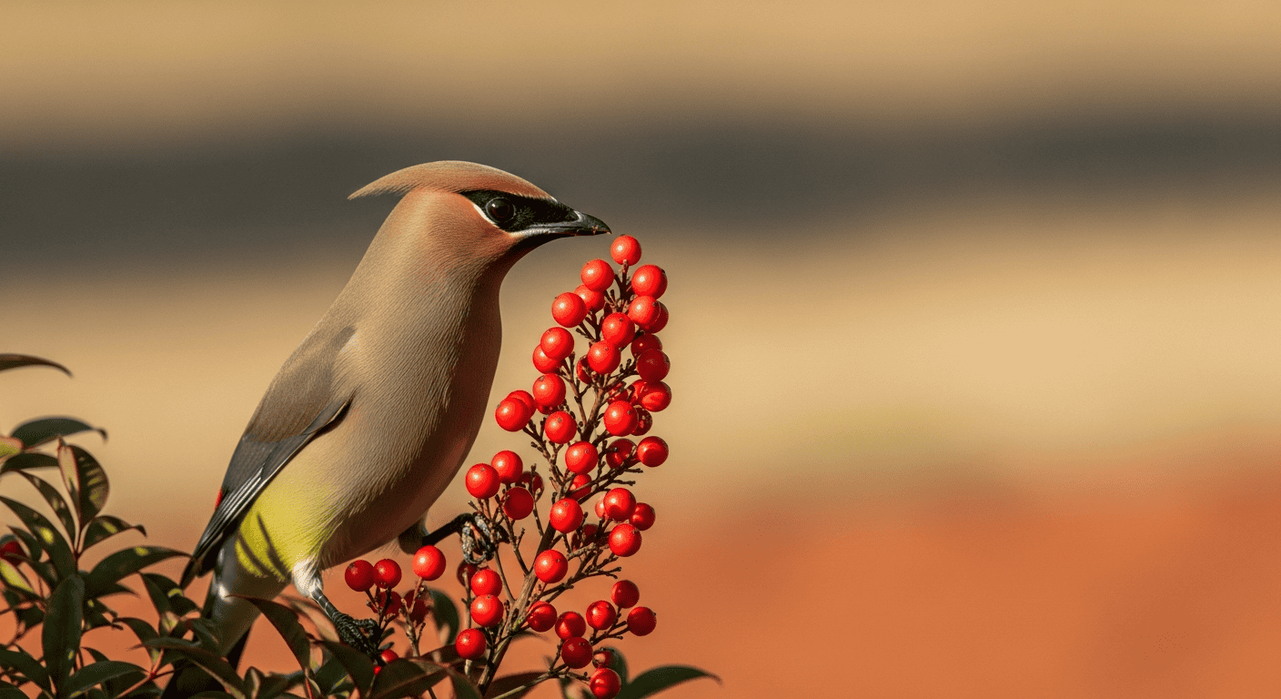 A Cedar Waxwing bird perched on a Nandina domestica branch, looking at the bright red berries. The image should convey a sense of warning or danger.