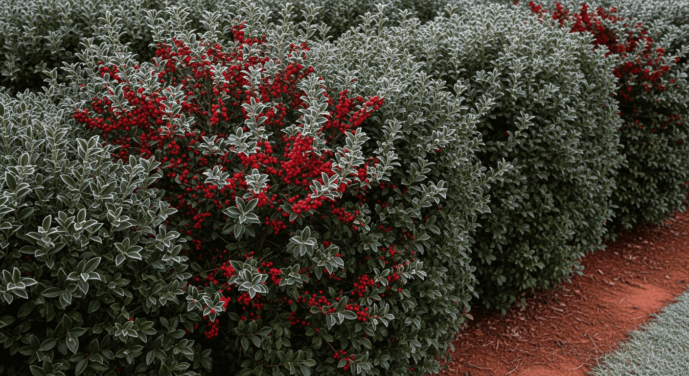 A dense, formal hedge of Yaupon Holly in a Georgia front yard in winter. The evergreen leaves are glossy and dark, and the hedge is covered in bright red berries with a light dusting of frost.