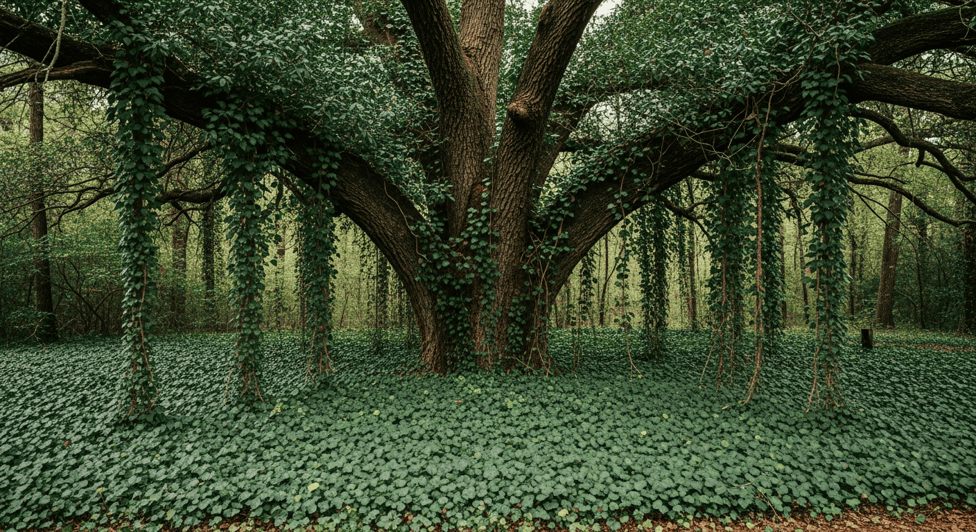 A massive, mature oak tree in a Georgia forest being smothered by thick, woody English Ivy vines. The forest floor around the tree is a solid carpet of ivy, with no other plants visible.