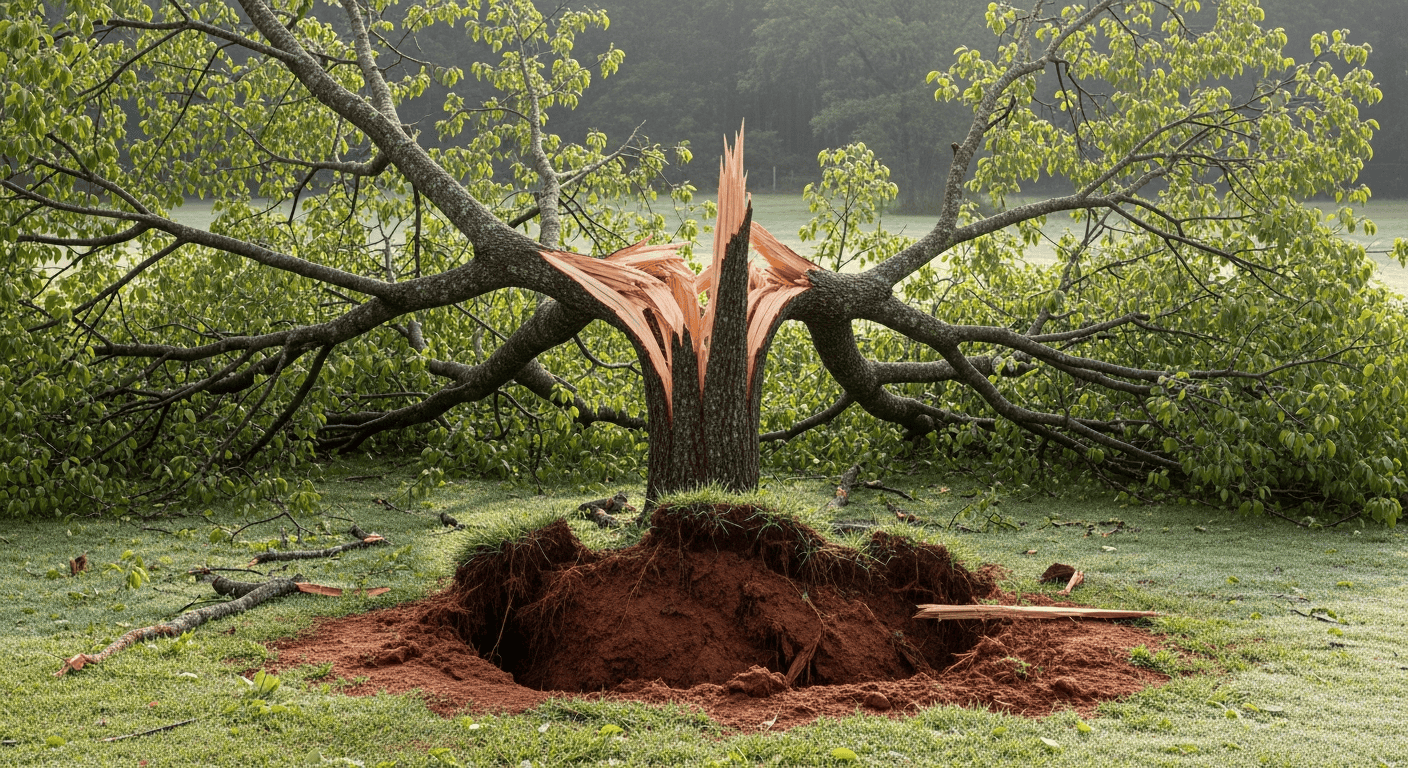 A mature Bradford Pear tree that has split in half after a storm, with large broken limbs littering a suburban Georgia lawn. The weak, v-shaped branch crotches are clearly visible.