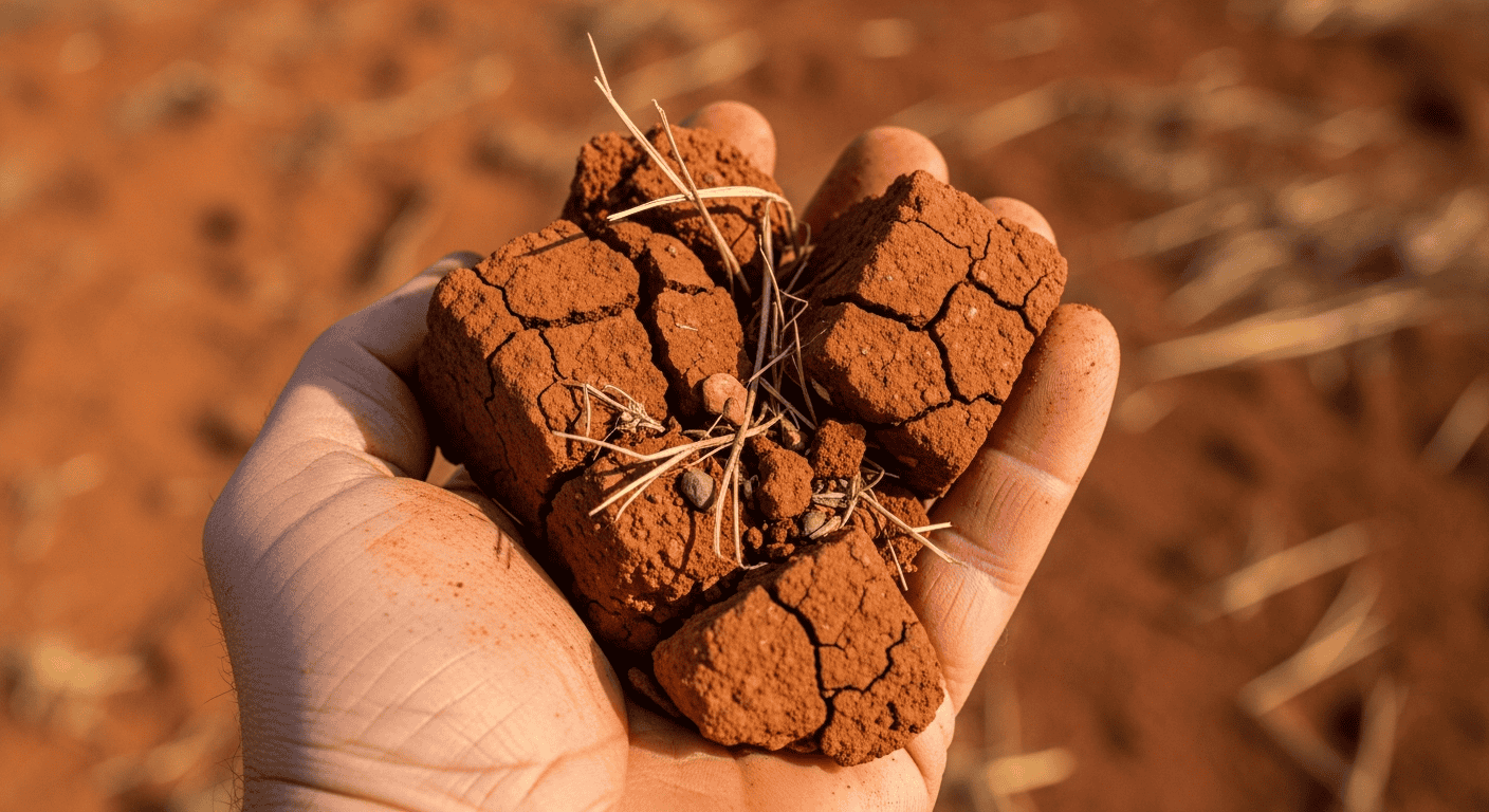 A close-up shot of a handful of dry, cracked Georgia red clay, showing its dense, brick-like texture.