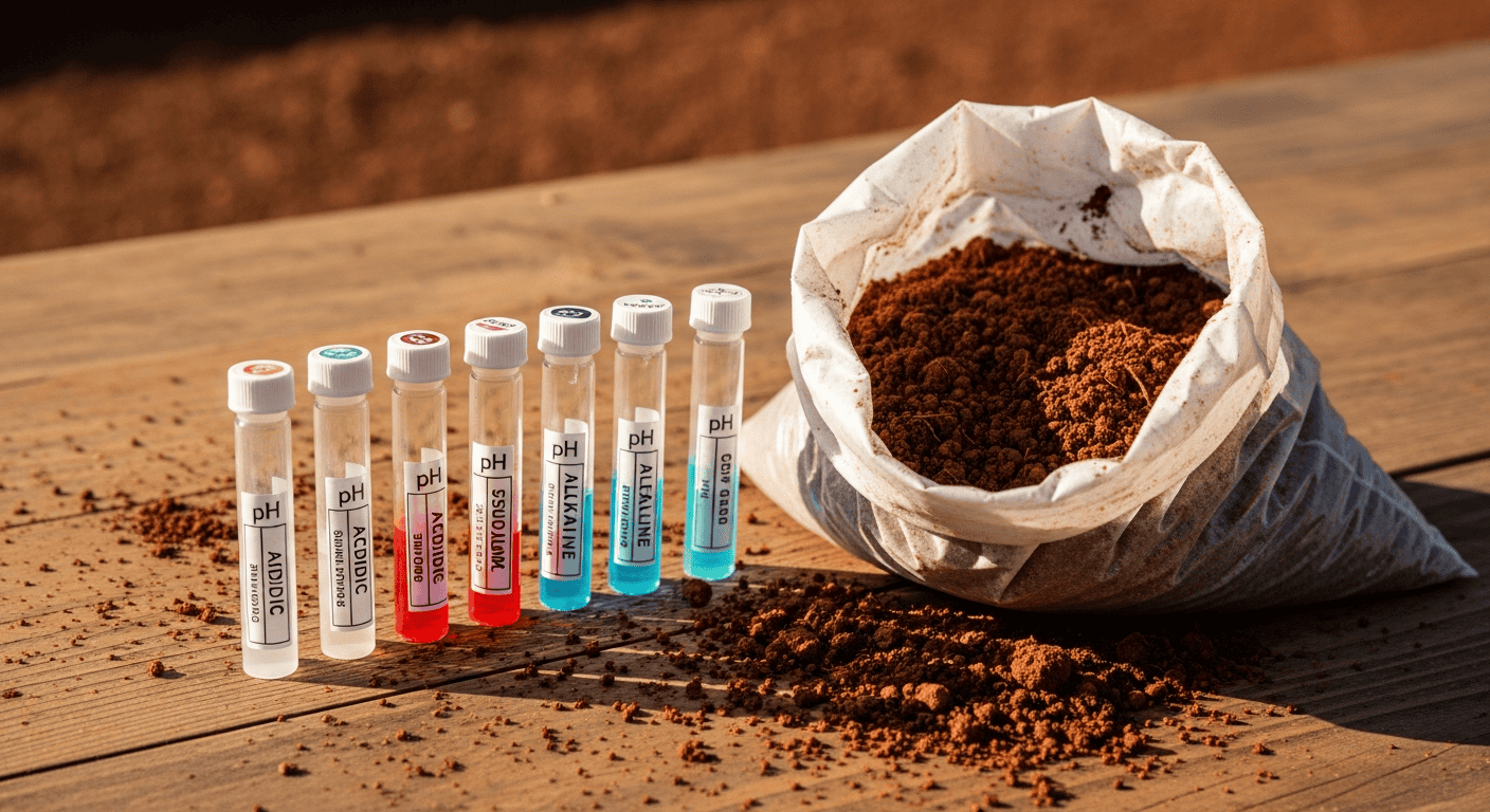A soil test kit laid out on a rustic wooden table, with vials showing different pH color results next to a bag of Georgia soil.