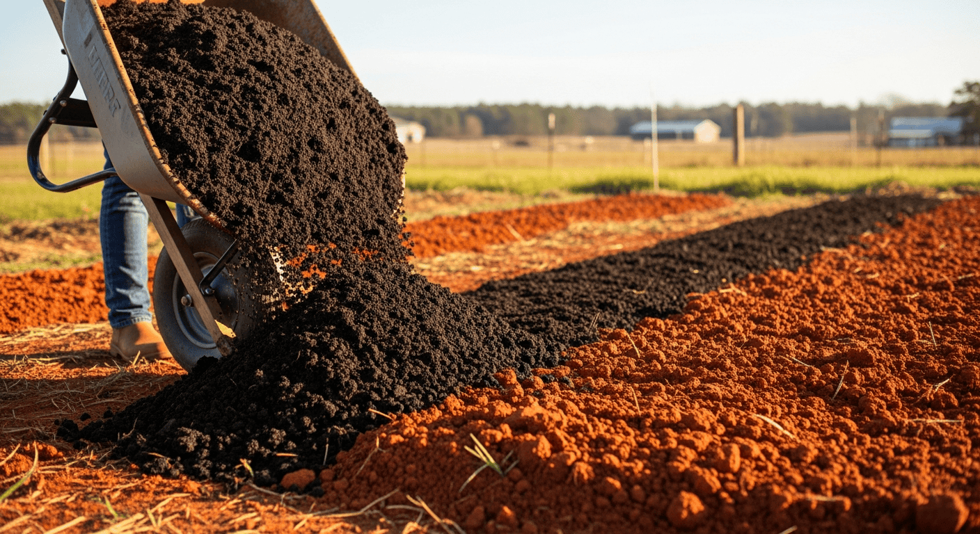 A wheelbarrow overflowing with dark, rich compost being tipped onto a garden bed of reddish-brown Georgia clay, showing the stark contrast.