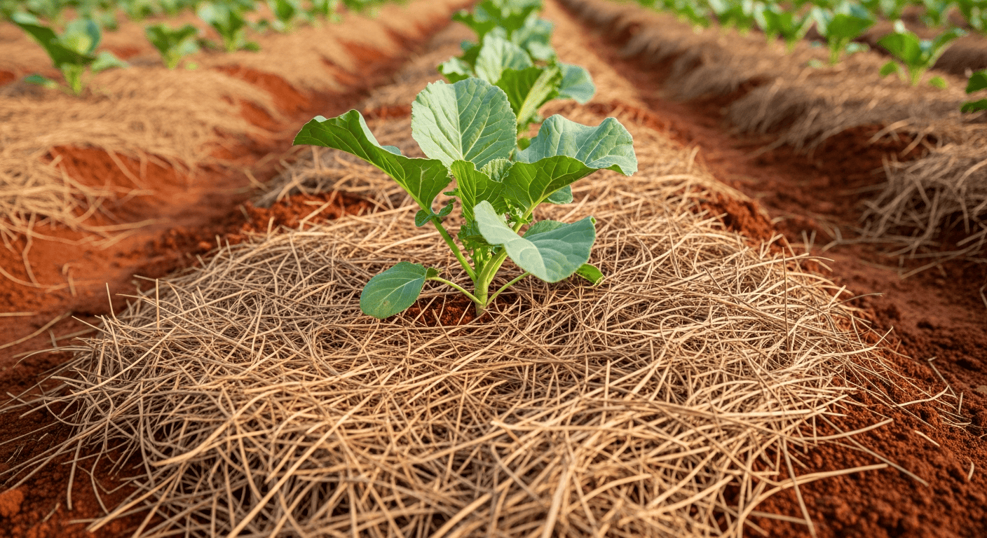 A thick, 4-inch layer of clean pine straw mulch covering the soil around the base of a young collard green plant.
