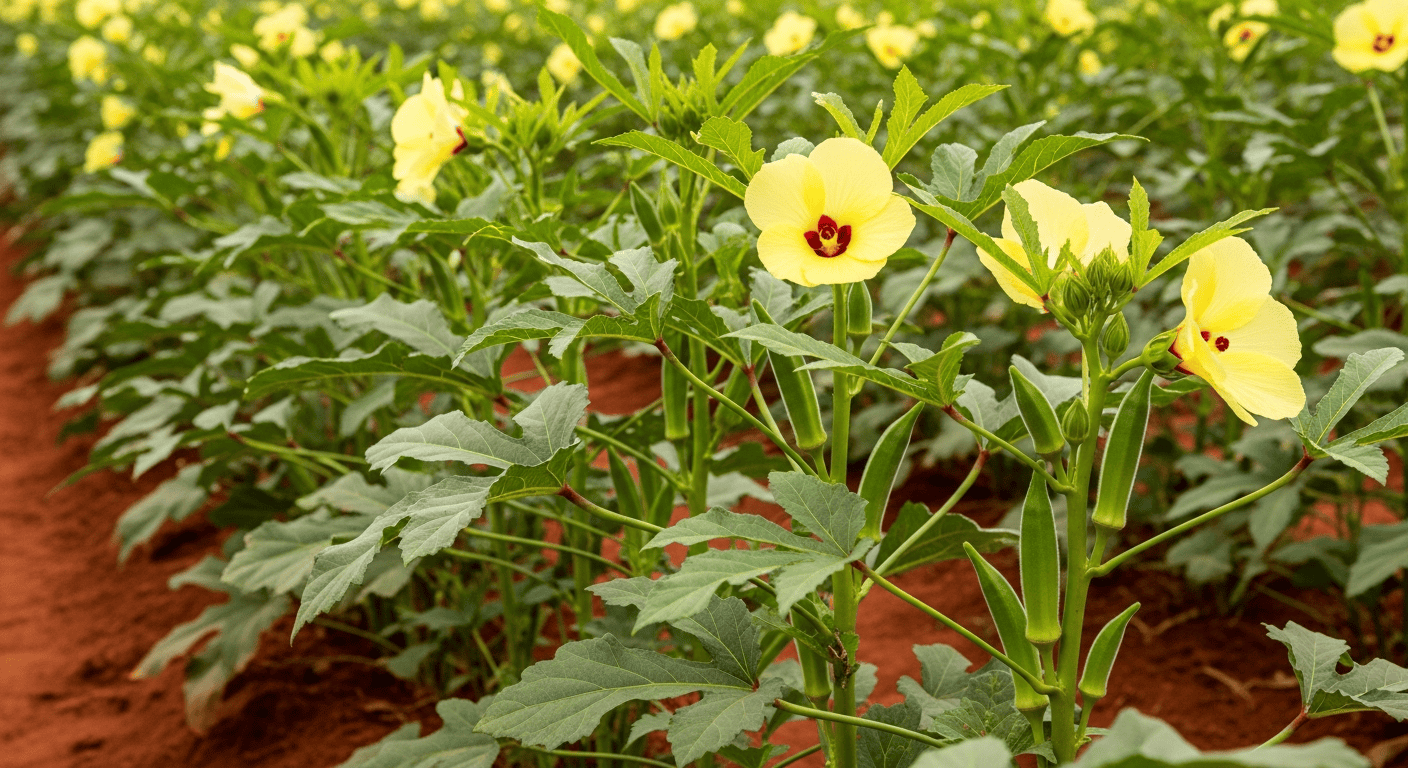 Tall, healthy 'Clemson Spineless' okra plants with large, hibiscus-like yellow flowers and several tender pods ready for harvest in the bright Georgia summer sun.
