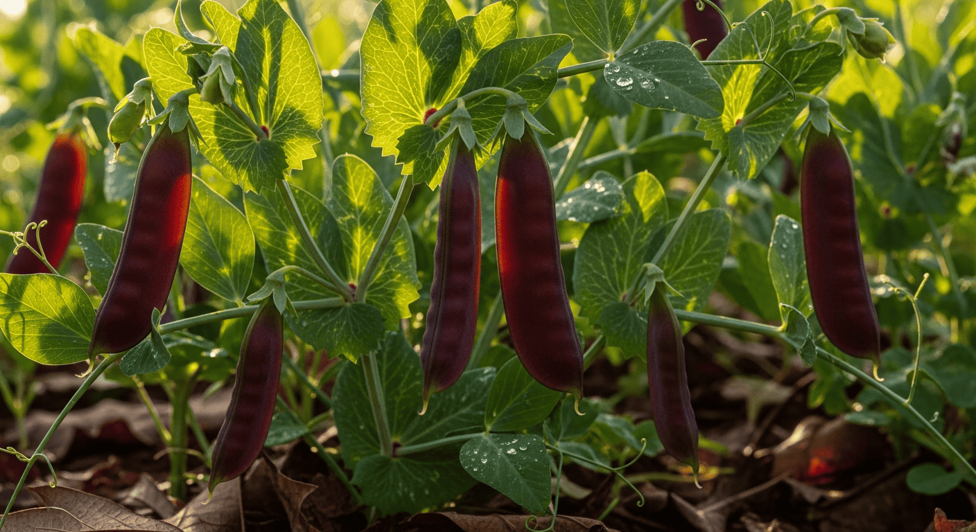 A close-up of a 'Pinkeye Purple Hull' southern pea plant, showing the distinctive purple pods hanging from the vine in a sun-dappled garden.